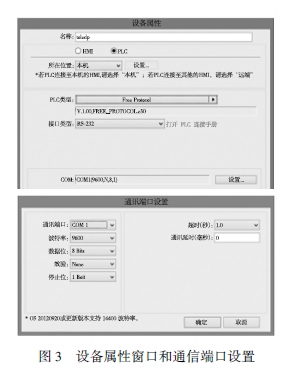 設(shè)備屬性窗口和通信端口設(shè)置圖